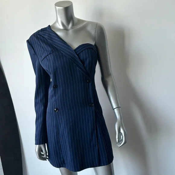 Dresses | Navy Pinstripe Modern Asymmetrical Jacket Style Dress | Poshmark